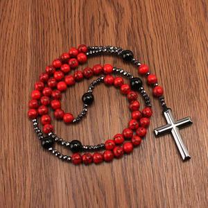 Collar con Cruz de Rosario Católico para Hombre y Mujer, Joyería, Meditación Cristiana, Colgante de Cruz con Cuentas Rojas, Regalo Festivo - Product Image 2