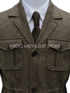 Abiti da uomo a spina di pesce in Tweed invernale/giacca da Safari classica <span class=keywords><strong>con</strong></span> tasca a quattro buste/cappotto + cravatta per abbigliamento maschile Casual dal Design unico - Product Image 4