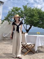 Combinaison longue élégante et ajustée pour femme en lin brodé personnalisable, idéale pour les pantalons décontractés à bretelles en été