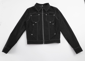 Stitch Detail Faux Pocket Lapel Zipper Faux <b>Denim</b> <b>Crop</b> <b>Jacket</b> Rivet Waist Cinching Street Sweet Cool Hot Girl Flattering Top - Product Image 6