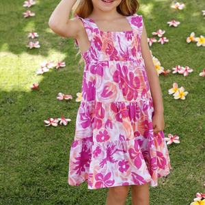 Vestido Hawaiano Floral de Fábrica, Vestido Fruncido de Alta Calidad, Vestido Midi de Lino Personalizado para Niños - Product Image 1