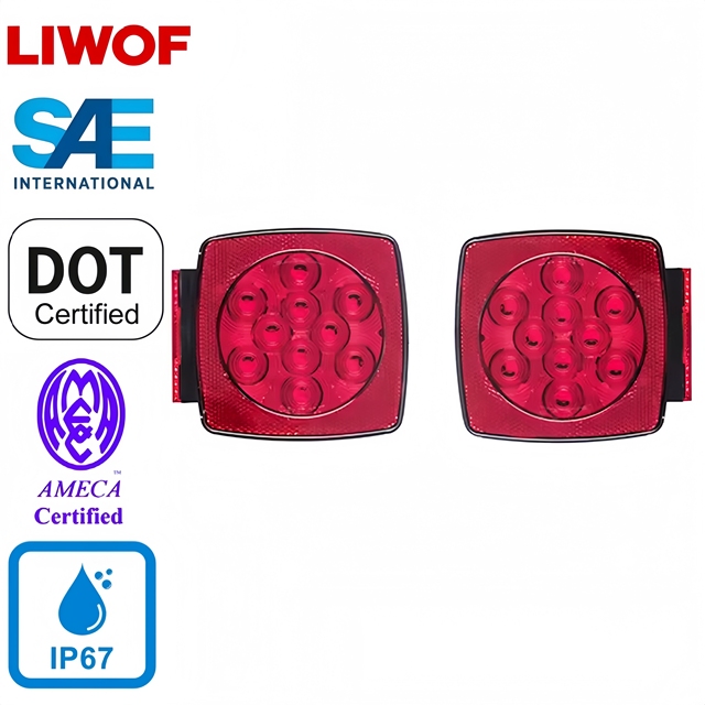 DOT SAE Certified Square Submersible LED Trailer Tail Light IP67 Waterproof 12V Brake Turn Signal Running Reverse Light