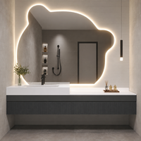 Meuble-lavabo mural de salle de bain moderne de luxe cannelé avec vasque et miroir LED irrégulier pour projet hôtelier