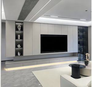 Meuble TV intégré gris moderne - Meuble de salon élégant avec étagères à éclairage LED et organisation de rangement dissimulée - Product Image 5