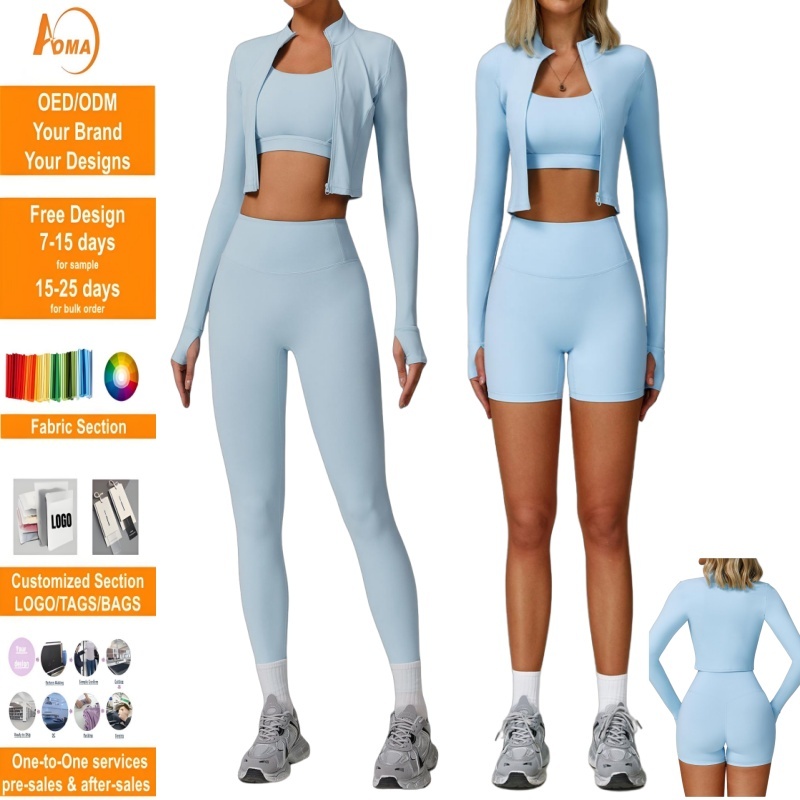 Aoyema Solid Color Gym Fitness 3 Piece Sportswear Set Woman Sports Zipper Long Sleeves Workout Top Quick Drying Yoga Suit