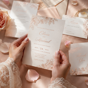 Ensemble de papeterie de <span class=keywords><strong>mariage</strong></span> personnalisé en papier blanc nacré avec menu, marque-place, carte de remerciement et dorure or rose pour une papeterie nuptiale romantique - Product Image 4