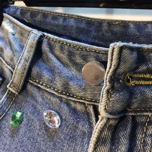 Women's Summer Denim Shorts High Waist Cropped Distressed Punk Style Rhinestone Embellished with <b>Chains</b> and Frayed Hem - Product Image 3