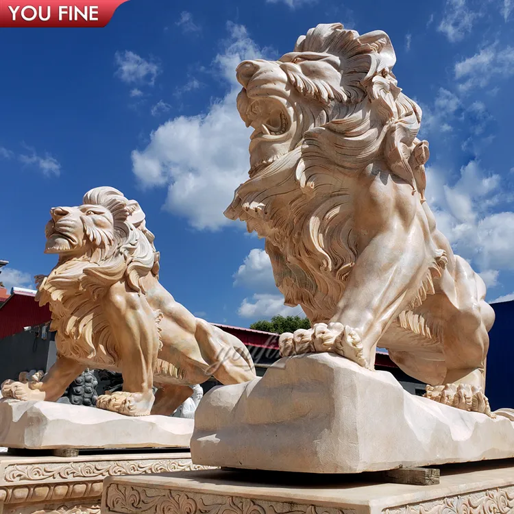 Personalizado ao ar livre pedra natural escultura animal estátua bege mármore leão escultura