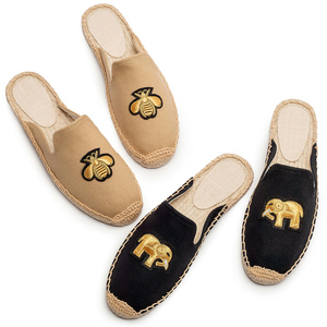 Mules plates noires pour femmes, bout fermé, en toile, broderie éléphant <span class=keywords><strong>doré</strong></span>, à enfiler, tressées, style espadrille d'été - Product Image 6