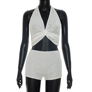 Viviblook J26ST260 Ensemble deux pièces sexy pour femme, débardeur sans manches à col en V et short moulant en dentelle à sequins - Product Image 2