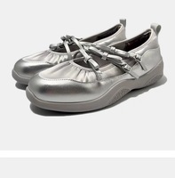 2026 Ballerines Mary Jane pour femme en microfibre argenté métallisé, tendance, à multiples lanières et nœuds, support usine OEM ODM personnalisé