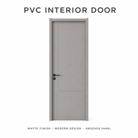 Porte de chambre en PVC gris neutre, finition mate, panneau rainuré avec coins arrondis pour hôtel, chambre, appartement