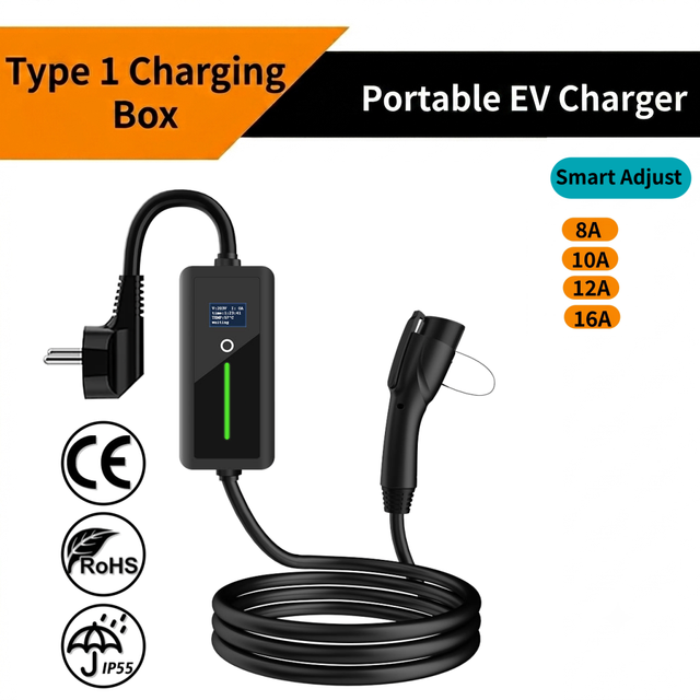 New Portable EV Car Charger 16A Type 1 Level 2 Adjustable Current 3.5kW Smart SAE J1772 IP66 Waterproof
