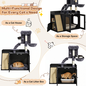 Litter Box Enclosure With <b>Cat</b> Tree Sisal Scratching Board Storage Space Modular Indoor Playground - Product Image 5