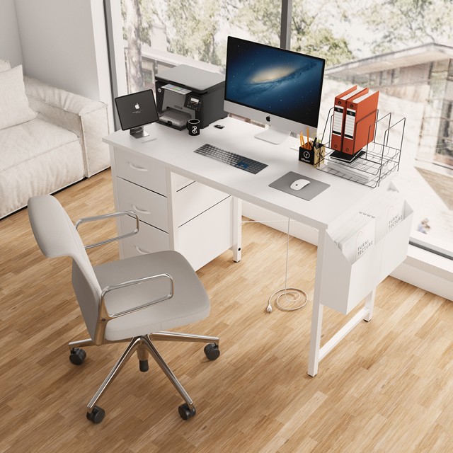 47.3" Office Desk with Power Outlet 3 Drawers Side Pocket Easy Assembly Frame Stability Reversible Design-White