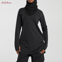 Aschulman Vêtement de Sport Musulman Personnalisé pour Femme, Tissu Noir Séchage Rapide, Tenue de Sport Modeste pour Femmes Musulmanes, Vêtement de Sport Actif Modeste