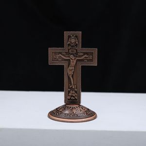 핫세일 도금 금속 14*6.7cm 57g 정교회 스탠딩 십자가 탁상용 십자가 골드 앤틱 리본 받침대 예수 장식품 선물 - Product Image 3