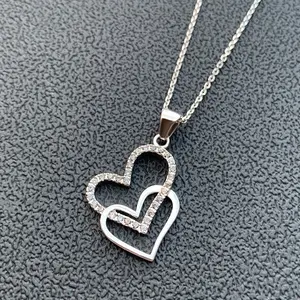 White Gold Plated Double Heart Shape Sterling 925 Silver Pendant with 5A Cubic Zircon Women Fine Jewelry