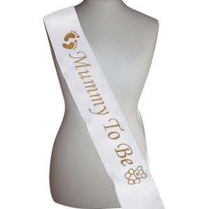 Faja <span class=keywords><strong>de</strong></span> satén blanco para Baby Shower, decoración <span class=keywords><strong>de</strong></span> revelación <span class=keywords><strong>de</strong></span> género, papá, abuela, papá, mamá, para ser letras doradas con purpurina, huella <span class=keywords><strong>de</strong></span> oso - Product Image 2