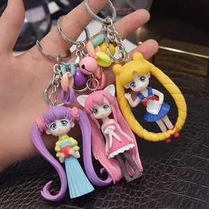 Boneka liontin Sailor Moon kartun mode gantungan kunci hadiah anak perempuan tas sekolah kunci mobil kustom Aksesori antihilang cincin kunci bel kecil