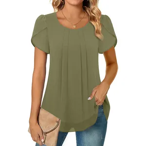 Custom Summer Chiffon Tops Women Short Sleeve Green Solid Blouses Shirts Double Layers Round Collar Shirt Dressy Tunics