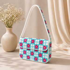 Bolso de Mano Textil Bordado a Mano, Forma Rectangular, Diseño Floral, Rosa, Azul, Blanco, Artesanía en Algodón - Product Image 1