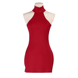 open lace back dress Women's Buttoned Red Pinafore Midi Dress