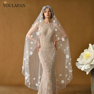 YouLaPan Velo de novia corto de una sola capa con flores 3D y perlas, sin peine, de tul suave, accesorios de boda, cubrecara para mujer <span class=keywords><strong>M153</strong></span> - Product Image 3