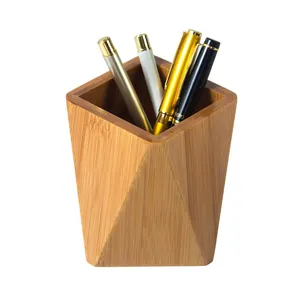 Bamboo Wood Desk Pen Holder Stand Geometric Pencil Cup Pot Desk Office Supplies