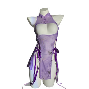 Nouvelle Collection Grande Taille : Lingerie Violette Élégante et Séduisante Style Ancien, Nuisette Cheongsam Sexy et Révélatrice, Uniforme de Nuit Tentation - Product Image 5