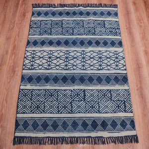 Tapis Kilim en coton bleu indigo tissé à la main, imprimé en bloc, tissage plat, style bohème, pour sol, 5x8 6x9 8x10 9x12 - Product Image 4