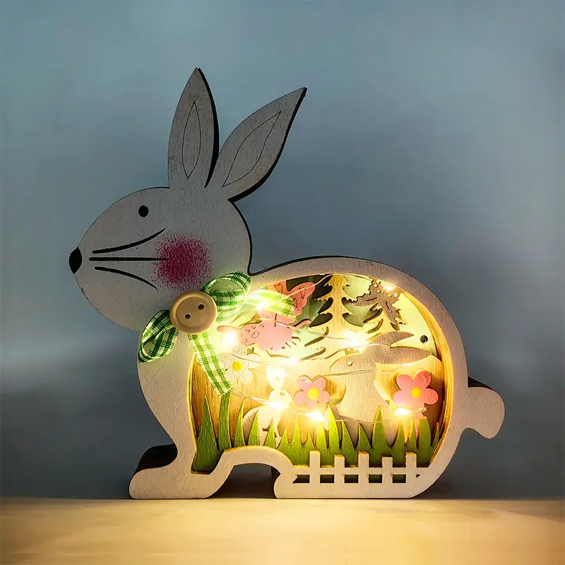 Fábrica de artesanato de Páscoa em madeira colorido luminoso coelho de páscoa oco presentes artesanato em madeira decoração de casa