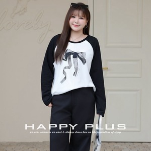 T-shirt à manches longues raglan pour femme Happy Plus, bleu clair, blanc, taille plus, imprimé nœud tricoté, nouvelle collection automne - Product Image 4