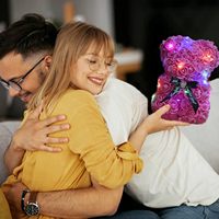 Beruang Bunga Mawar Buatan dengan Lampu LED, Hadiah Romantis untuk Hari Valentine, Hari Ibu, Natal, Ulang Tahun, Berlian Berbentuk Hati Warna Pink