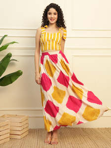 Conjunto de Top y Falda de Rayón Liso y Geométrico hasta el Tobillo para Mujer, Estilo Vestido Occidental Elegante - Product Image 3