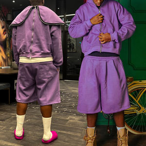 KIingSen Wholesale High Quality Men's Winter <b>Open</b> Hood Zip <b>up</b> Hoodie Shorts Set 100% Cotton Streetwear Tracksuit - Product Image 1