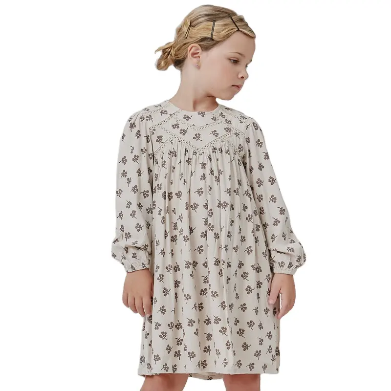 2023 nouveau Style Boutique enfants robe 100% coton automne à manches longues col en dentelle enfants robe imprimée