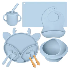 Vaisselle à aspiration divisée en silicone sans BPA ensemble de 7 pièces cuillère bavoir tasse étanche bol de qualité alimentaire ensemble d'alimentation en silicone pour bébé enfant