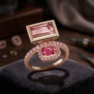 Rose <b>Gold</b> <b>Cocktail</b> <b>Ring</b> With Octagon Cut Morganite And Pave Pink Diamonds Geometric Luxury Women's Party Jewelry - Product Image 3