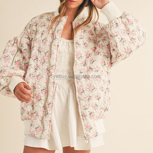 Bomber da <span class=keywords><strong>Donna</strong></span> <span class=keywords><strong>Oversize</strong></span> Trapuntato con Cerniera e Stampa Floreale Popolare Personalizzato - Product Image 2