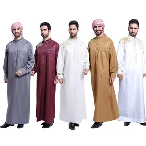 Großhandel indische thobe-Islamische ethnische Kleidung Arabische indische muslimische Männer Thobe Thawb Caftan einfarbig bestickte muslimische Thobe