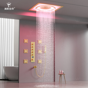 Juego de ducha oculto Dipsidie, cuadrado, dorado cepillado, LED de 7 colores, rociador de lluvia, multifuncional, accesorios de baño montados en la pared - Product Image 1