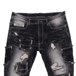 Jean en denim de haute qualité déchiré et réparé avec des patchs de poche, style Rackade Stacked pour homme - Product Image 3