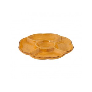 Assiette à apéritif jaune Majolica en forme de fleur avec un compartiment central pour servir des en-cas et des sauces - Product Image 1