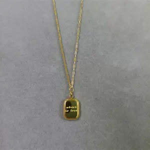 Wholesale Custom Hip Hop Punk Fashion Jewelry New Women 18k Gold Design Engraved Square Pendant Necklace