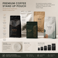 Bolsa de Fondo Plano para Café con Relieve, Grado Alimenticio, 150g-1000g, Superficie Mate, Válvula de Aire, Cierre Superior con Cremallera, Resistente al Calor para Granos de Café