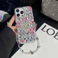 Étui de téléphone portable de luxe avec clip arrière en cristal et diamant pour iPhone 17 16 15 14 13 12, magnifique design d'amour, poignée de téléphone, sac OPP