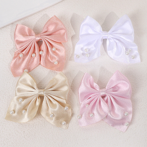 CN 4 piezas pinzas para el cabello hechas a mano Color sólido pasador tela satén perla lazos para el cabello Clip para niñas mujeres - Product Image 1