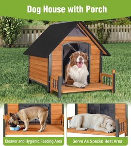 <b>Large</b> Wooden Dog House Outdoor Weatherproof with Porch Chew-Proof Kennel Roof, for Small Medium Dogs - Product Image 2