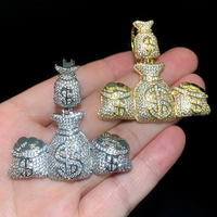 Collier avec pendentif sac d'argent triple en laiton plaqué or, entièrement serti de zircone cubique, motif signe de dollar, style Hip Hop, pour hommes et femmes